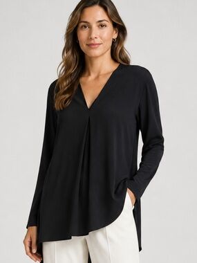 Lafayette 148 New York Black V-Neck Draped Tunic Top